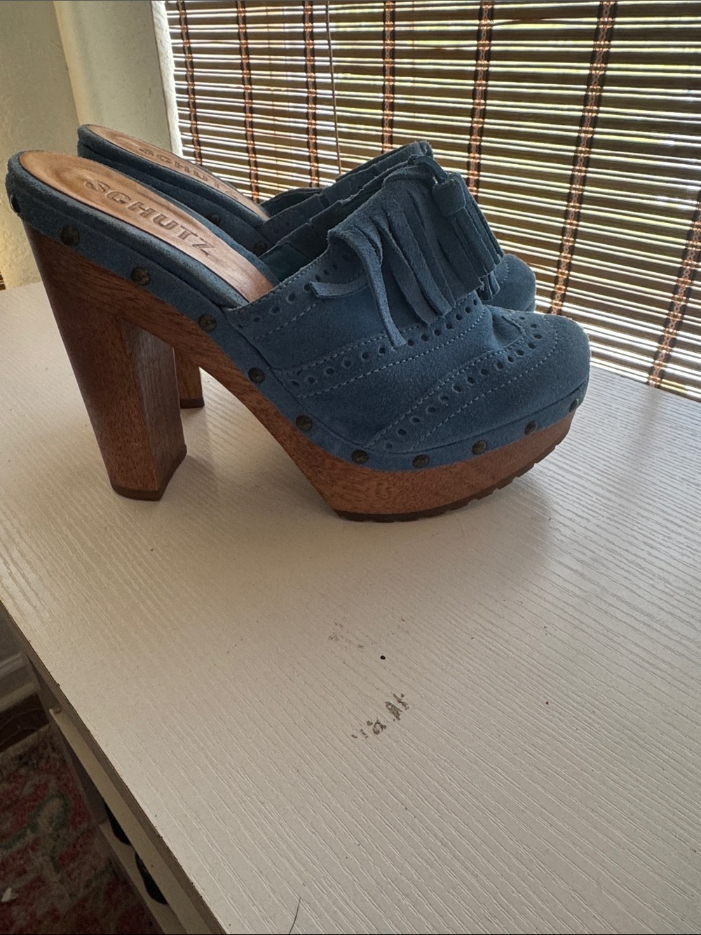 SCHUTZ Blue Suede Tassel Fringe Mules - Picture 3 of 7